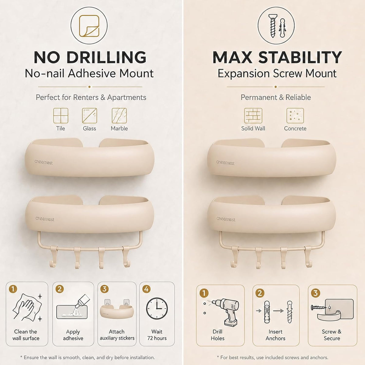 No-Damage Corner Shower Caddy 2 Pack Adhesive, Wall-Mounted Organizer | Drill-Free Storage for Landlord-Approved Bathrooms