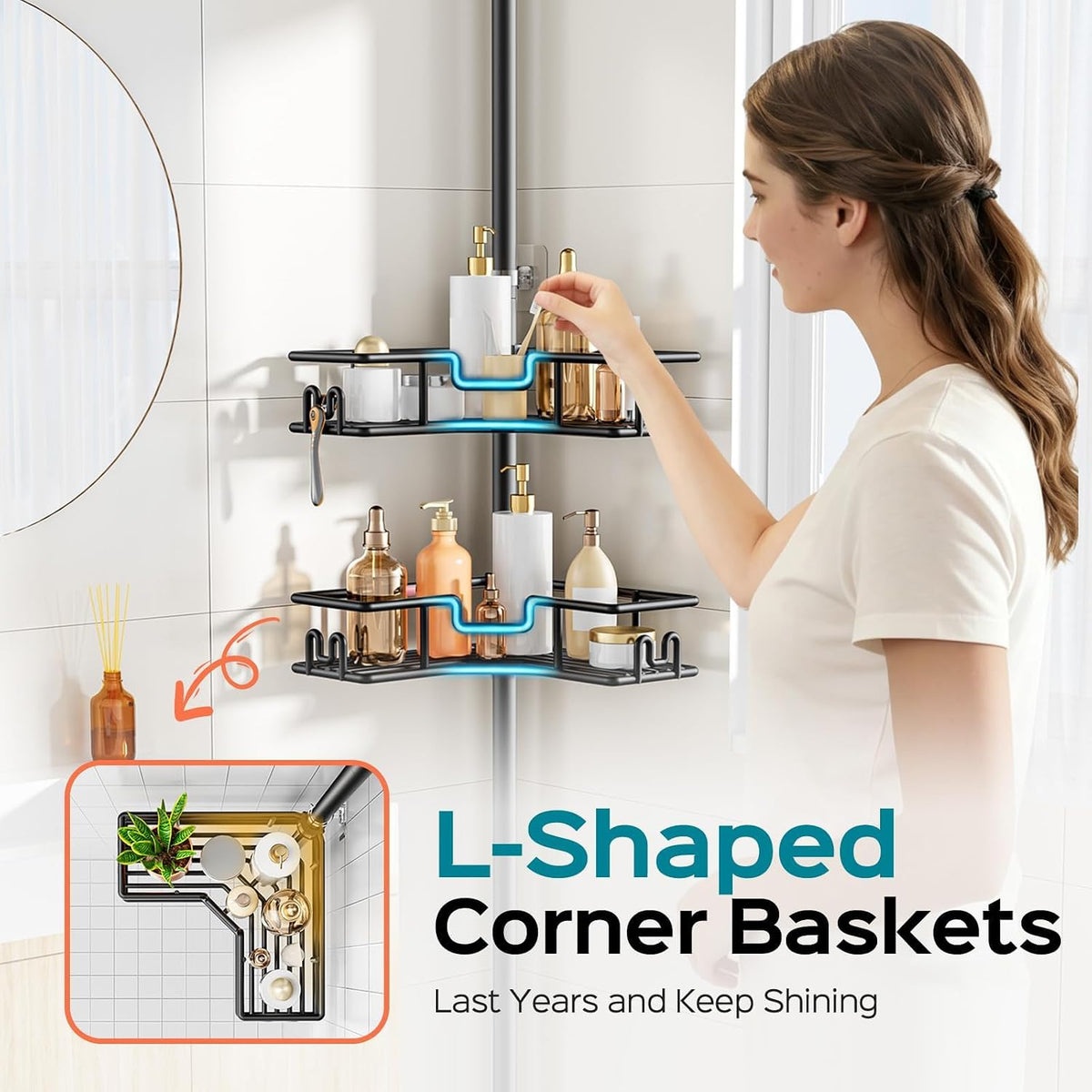 HAMITOR 4-Tier Corner Shower Caddy – Neutral Khaki Finish for Intentional, Calming Bathrooms