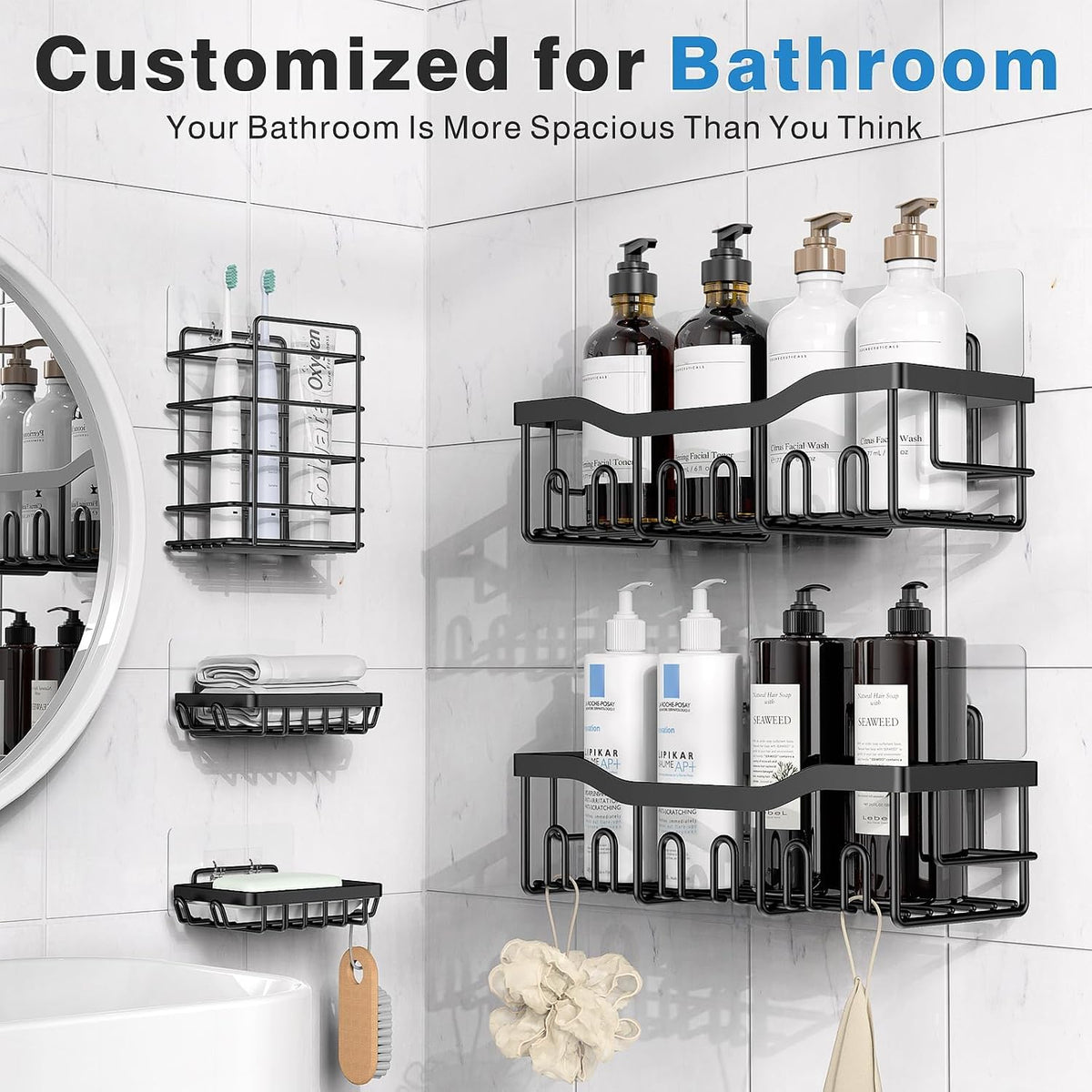 EUDELE Adhesive Shower Caddy — Minimalist Bathroom Storage Set, Clean Lines, No-Drill Stainless Steel