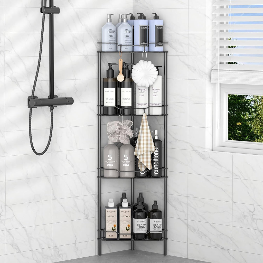 HuggieGems Floor Standing Shower Caddy in Jet Black or Gold – Elevated Bathroom Storage for Spa-Style Self-Care