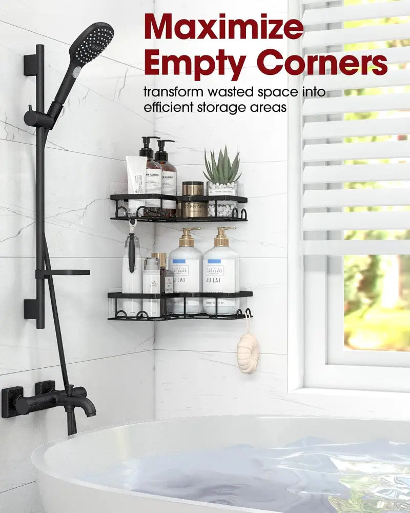 Sakugi No-Drill Corner Shower Caddy Black – Holiday Gift for Renters and College Students Removable Stainless Steel