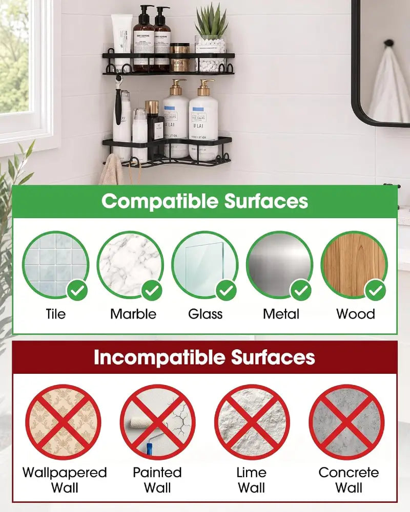 Sakugi No-Drill Corner Shower Caddy Black – Holiday Gift for Renters and College Students Removable Stainless Steel
