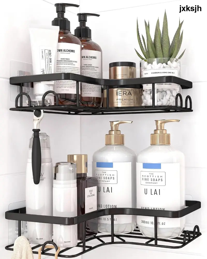 Sakugi No-Drill Corner Shower Caddy Black – Holiday Gift for Renters and College Students Removable Stainless Steel