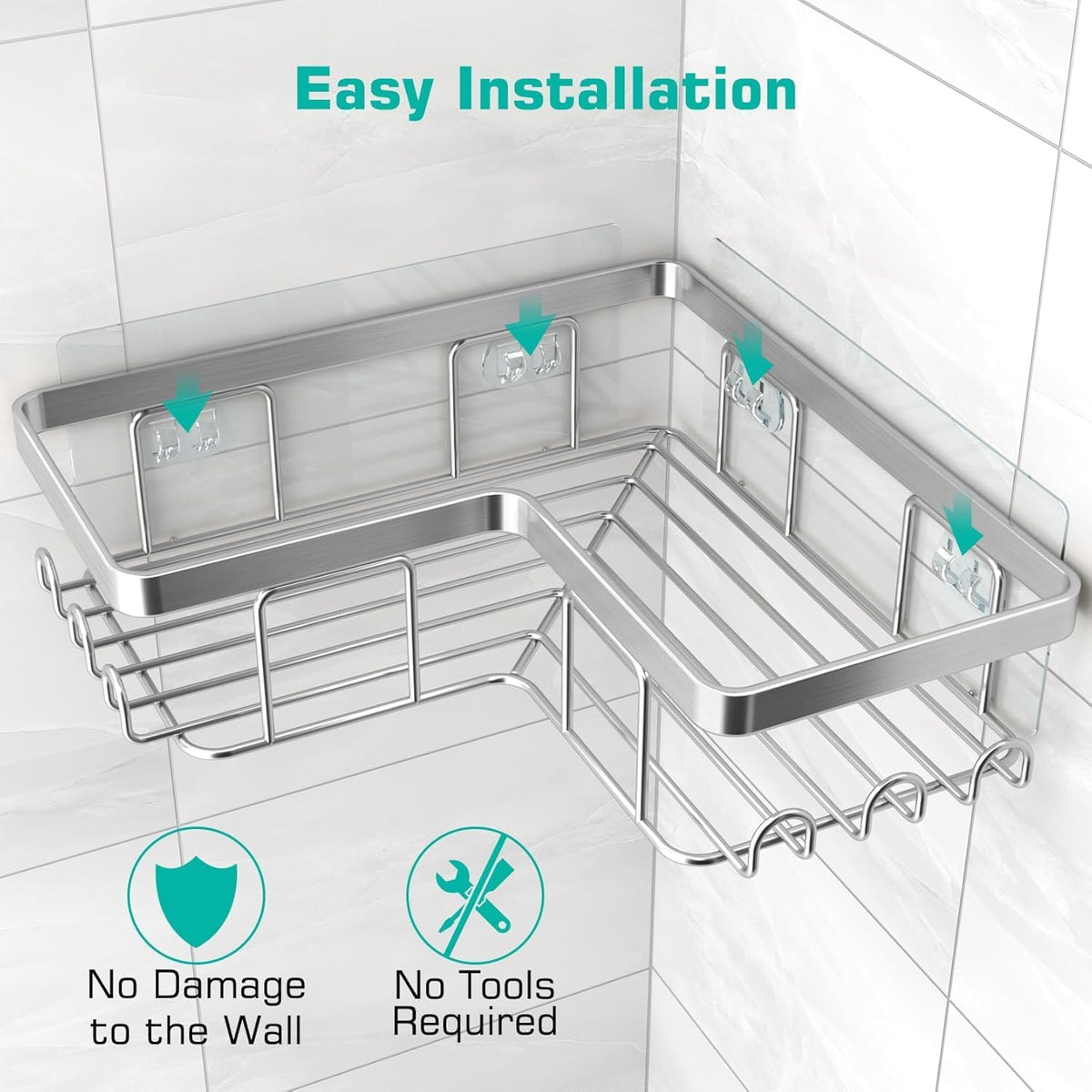 YASONIC Corner Bathroom Organizer – Calming Bath Space Storage with 12 Hooks, Adhesive Stainless Steel Caddy for Mindful Shower Routine
