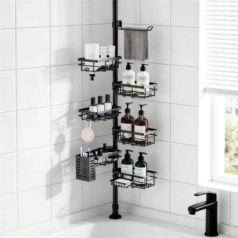 Shower Caddy Organizer Tension Pole – Gift Ready Bathroom Upgrade for Friends Who Just Renovated or Downsized - Black