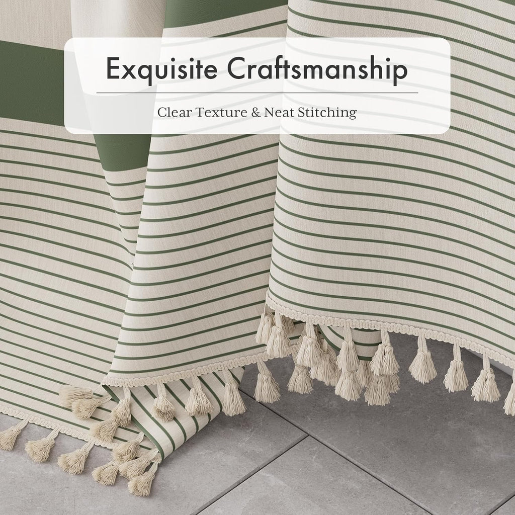 AmazerBath Boho Shower Curtain – Spa Like Bathroom Retreat for Calming Bath Time, Faux Linen Green Striped Curtain 72x72 with Hooks
