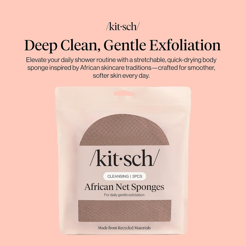 Kitsch African Net Sponge – Clean-Lined Shower Essential for Minimalist Bathrooms, Neutral-Toned Exfoliating Sponge Set