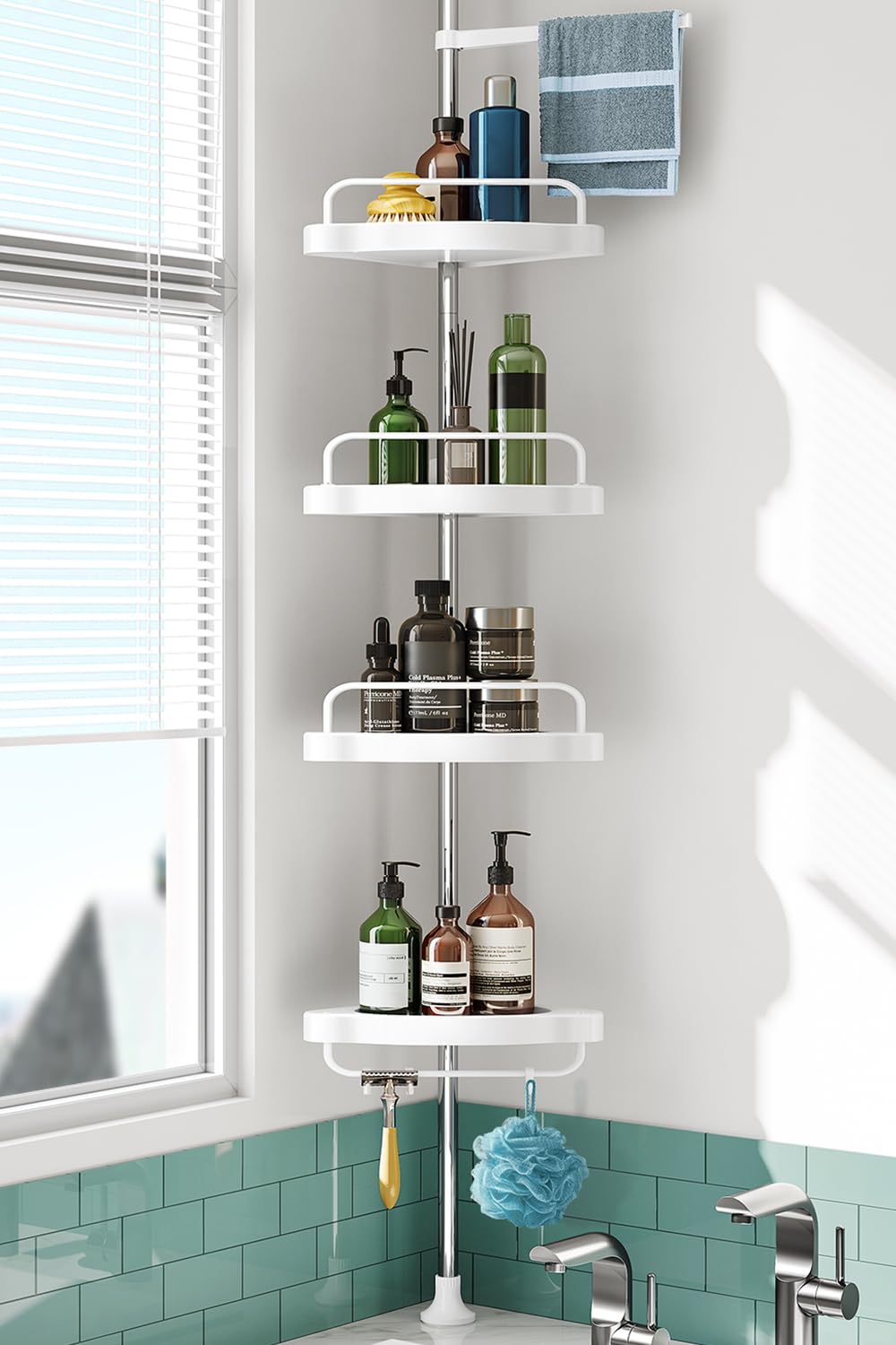 HAMITOR 4-Tier Corner Shower Caddy – Neutral Khaki Finish for Intentional, Calming Bathrooms