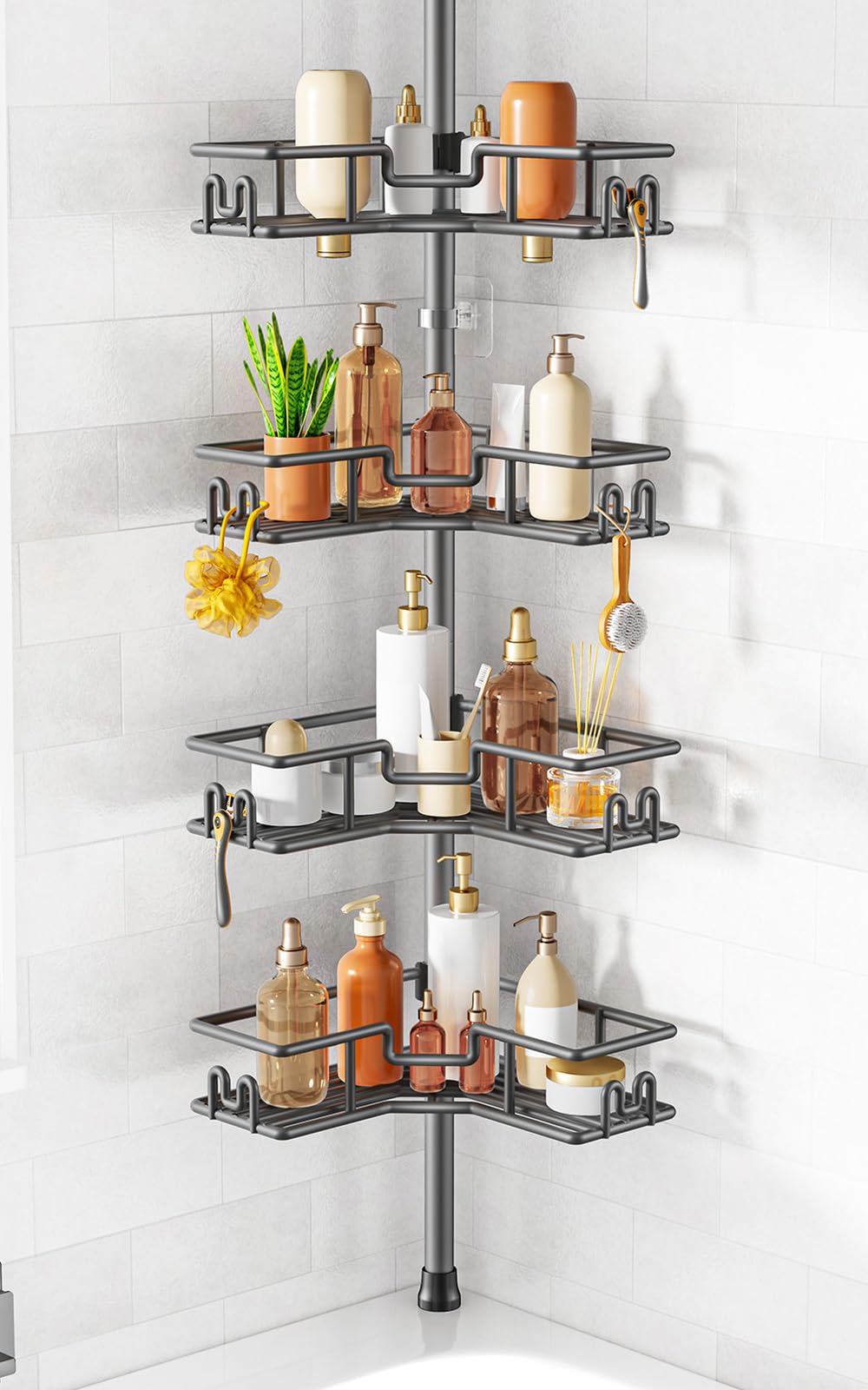 HAMITOR 4-Tier Corner Shower Caddy – Neutral Khaki Finish for Intentional, Calming Bathrooms