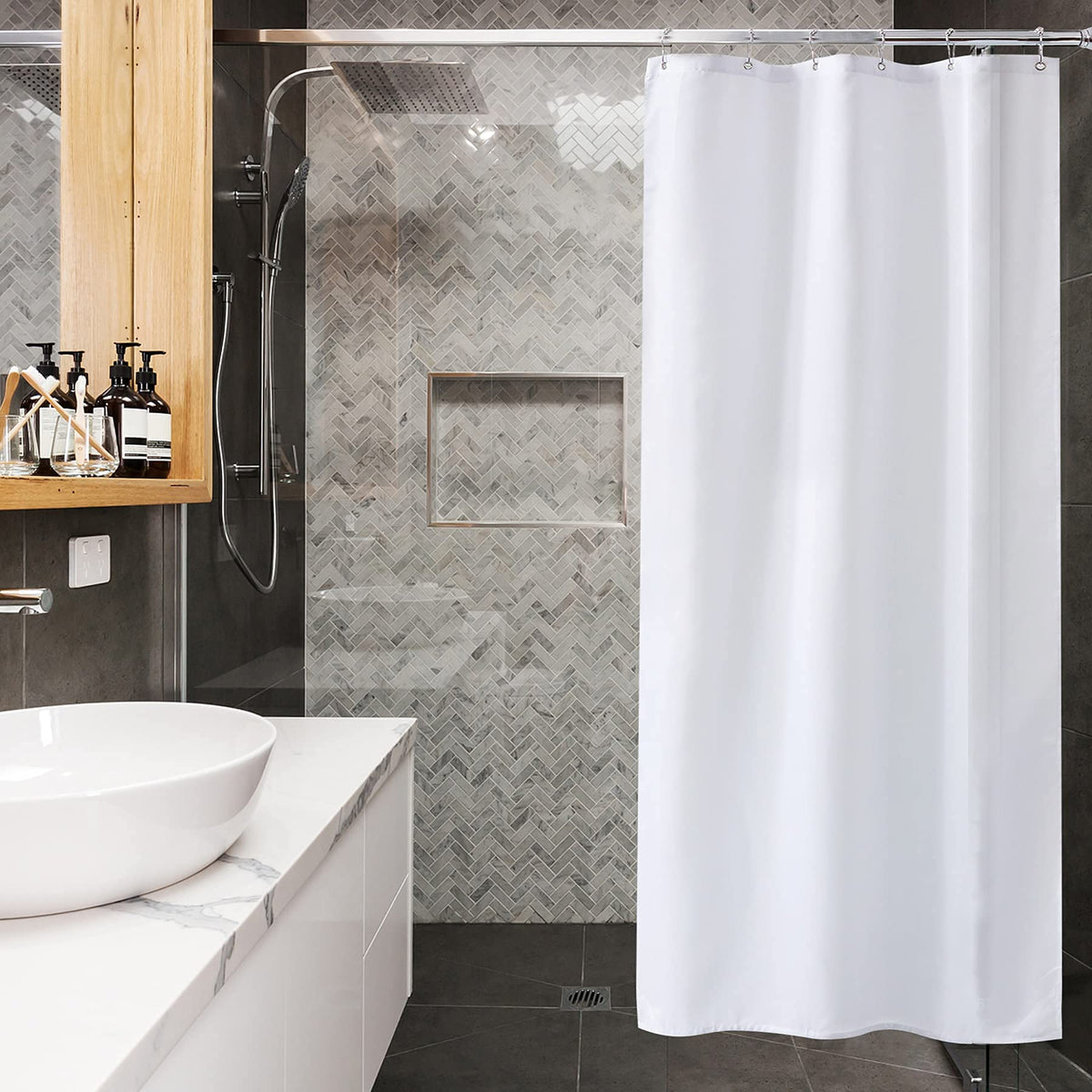 Amazer Solid Sage Green Shower Curtain 2-in-1 – Bathroom Decor Refresh with Fabric Liner, 120GSM Heavy Duty