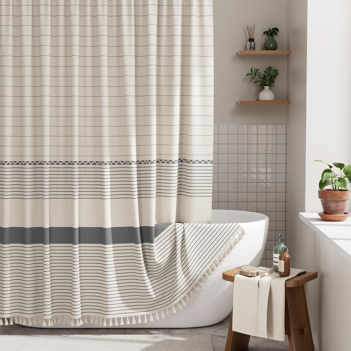 AmazerBath Boho Shower Curtain – Spa Like Bathroom Retreat for Calming Bath Time, Faux Linen Green Striped Curtain 72x72 with Hooks