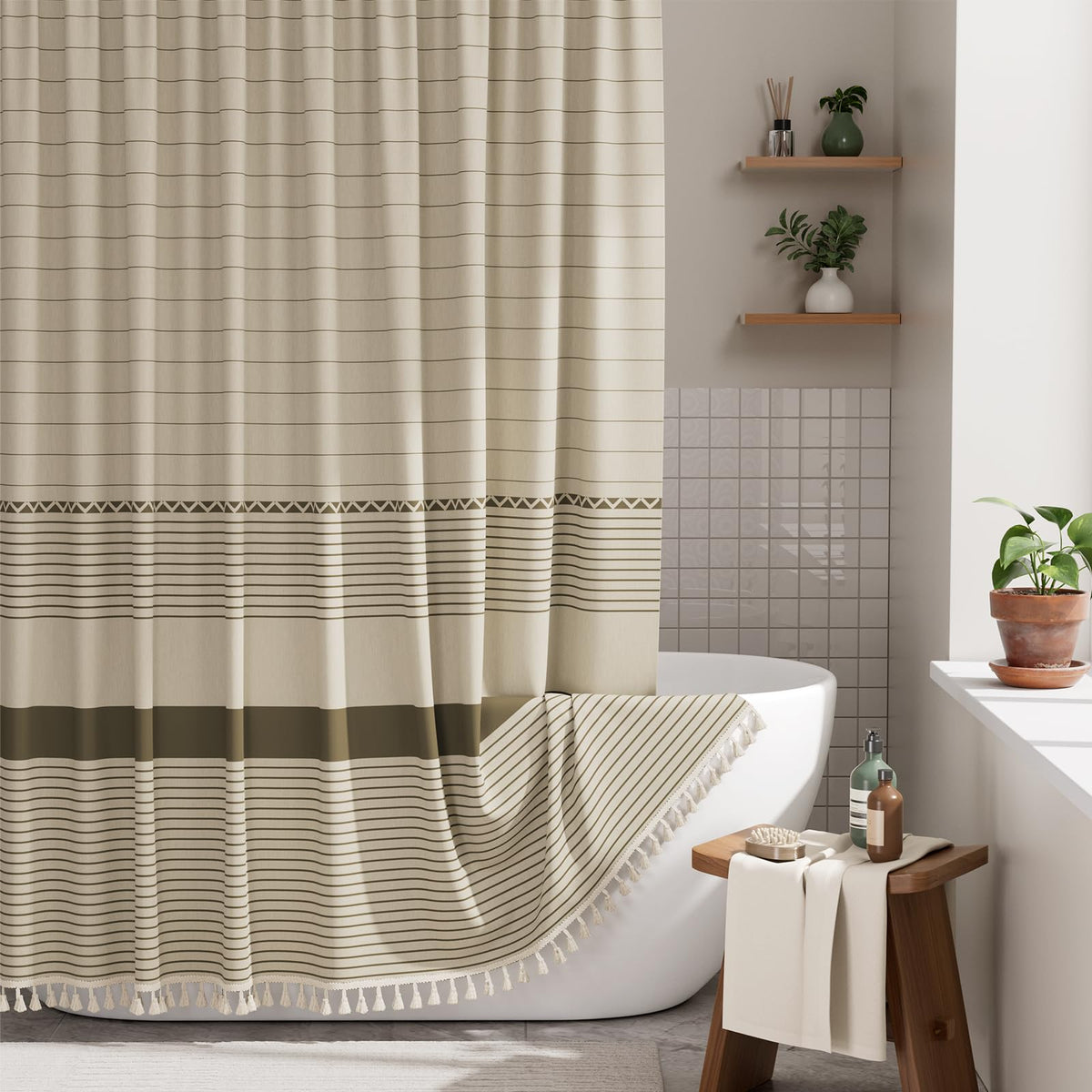 AmazerBath Boho Shower Curtain – Spa Like Bathroom Retreat for Calming Bath Time, Faux Linen Green Striped Curtain 72x72 with Hooks