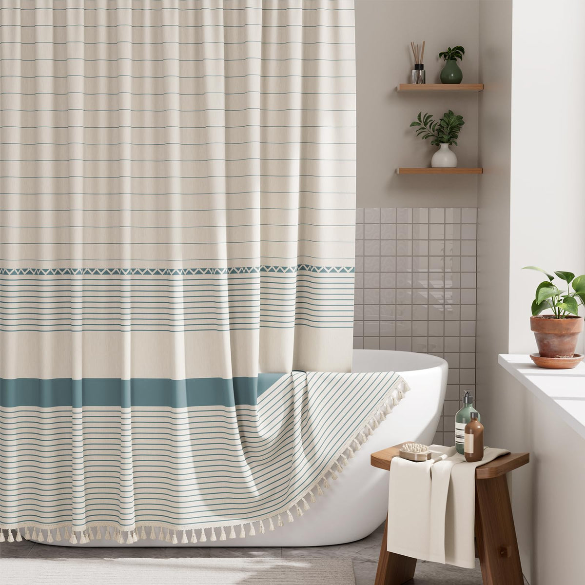 AmazerBath Boho Shower Curtain – Spa Like Bathroom Retreat for Calming Bath Time, Faux Linen Green Striped Curtain 72x72 with Hooks