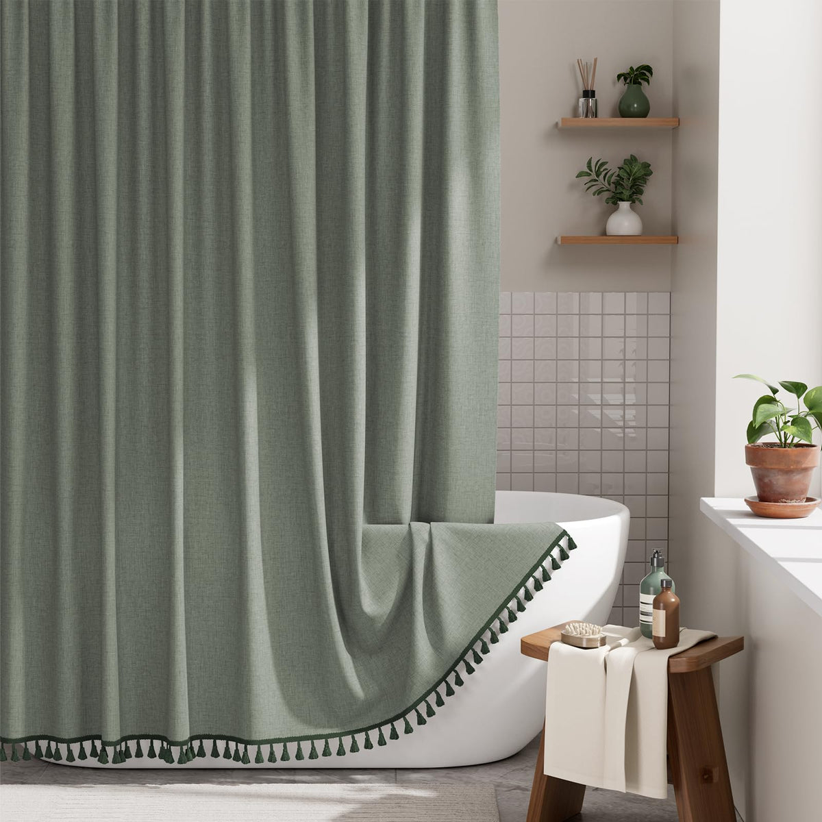 AmazerBath Boho Shower Curtain – Spa Like Bathroom Retreat for Calming Bath Time, Faux Linen Green Striped Curtain 72x72 with Hooks