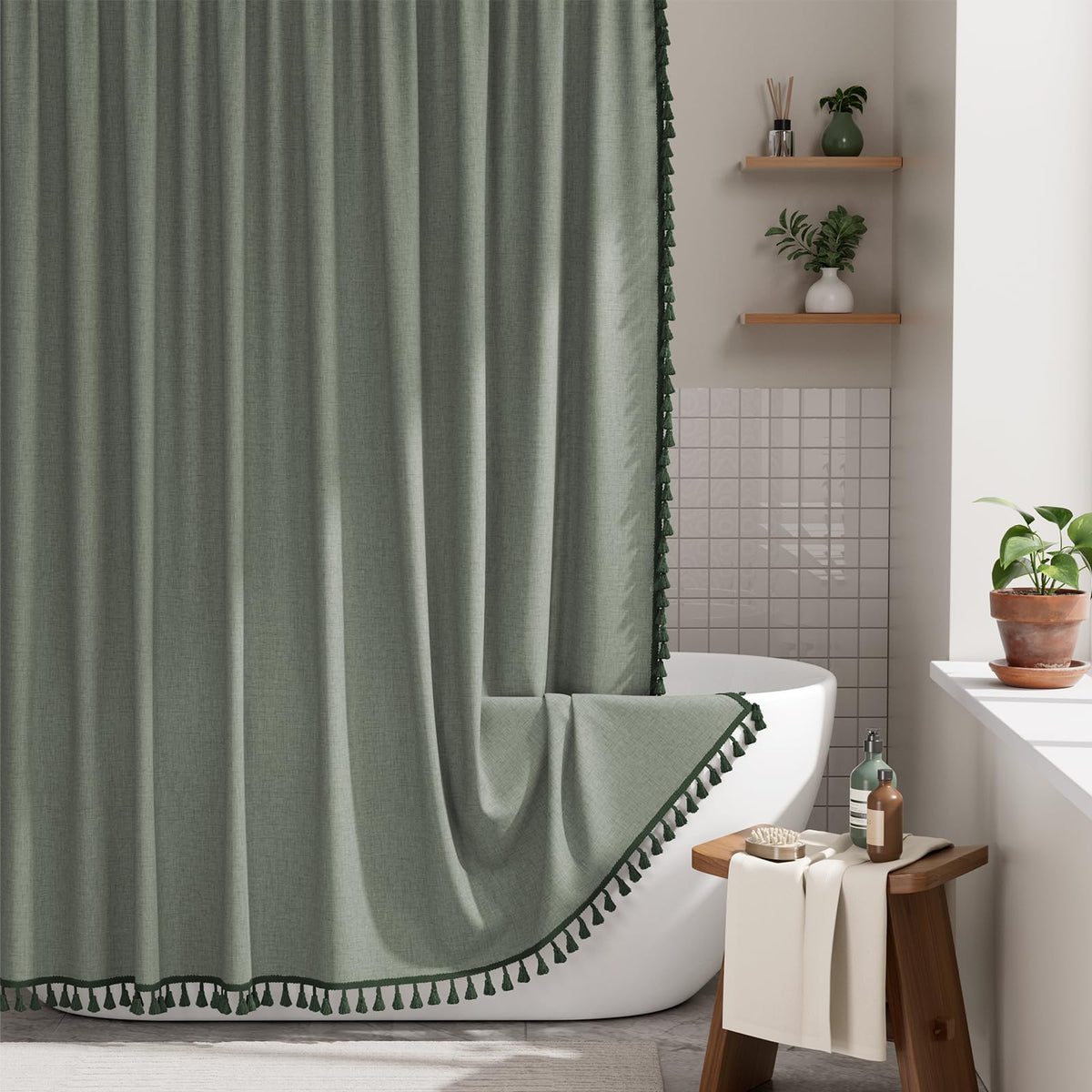 AmazerBath Boho Shower Curtain – Spa Like Bathroom Retreat for Calming Bath Time, Faux Linen Green Striped Curtain 72x72 with Hooks