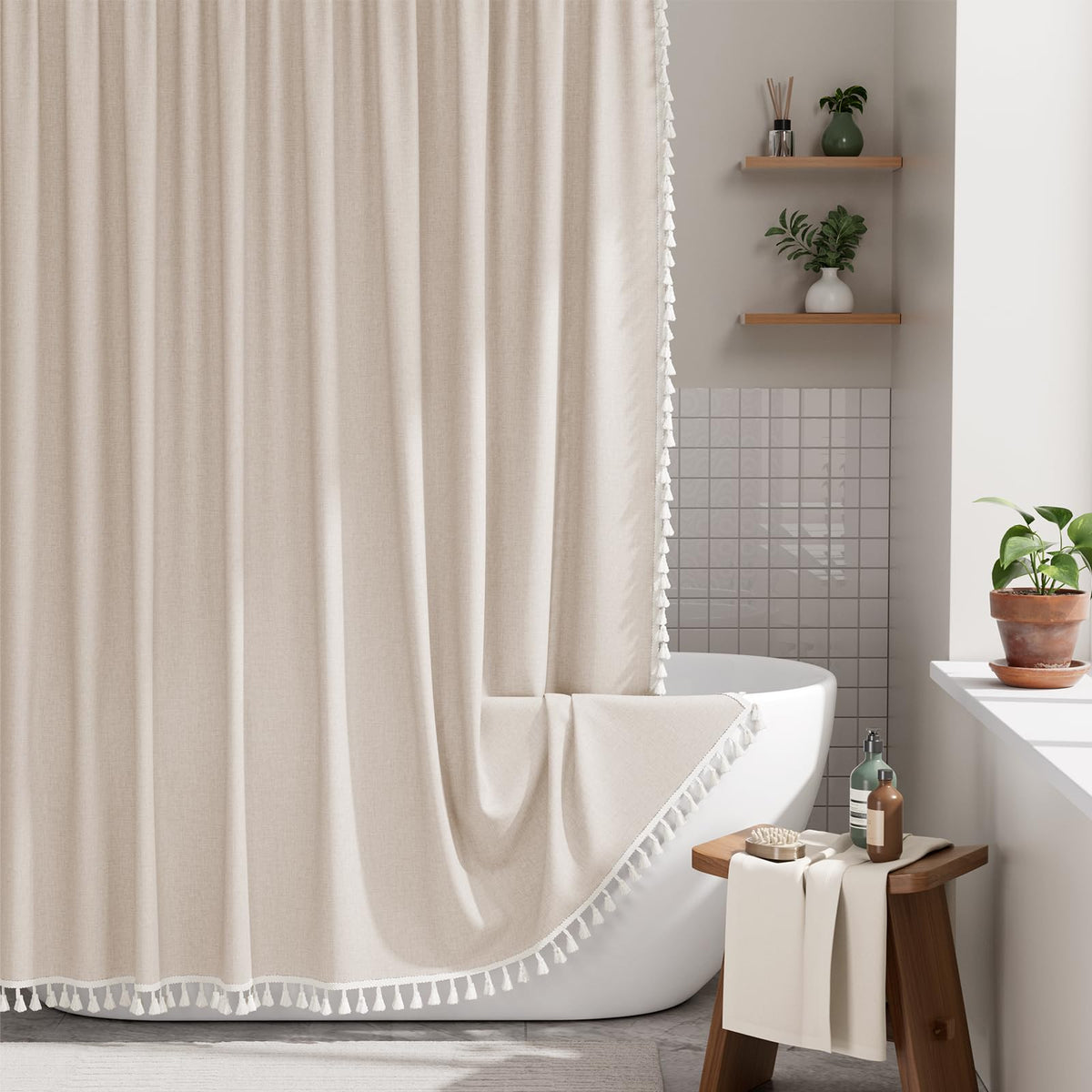 AmazerBath Boho Shower Curtain – Spa Like Bathroom Retreat for Calming Bath Time, Faux Linen Green Striped Curtain 72x72 with Hooks