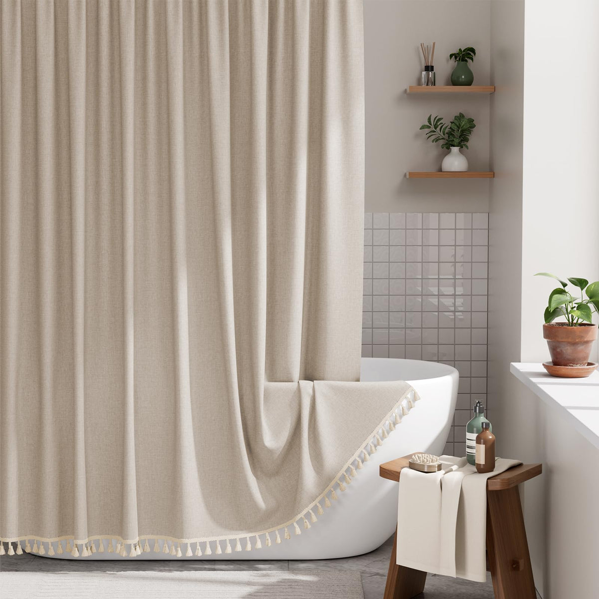 AmazerBath Boho Shower Curtain – Spa Like Bathroom Retreat for Calming Bath Time, Faux Linen Green Striped Curtain 72x72 with Hooks