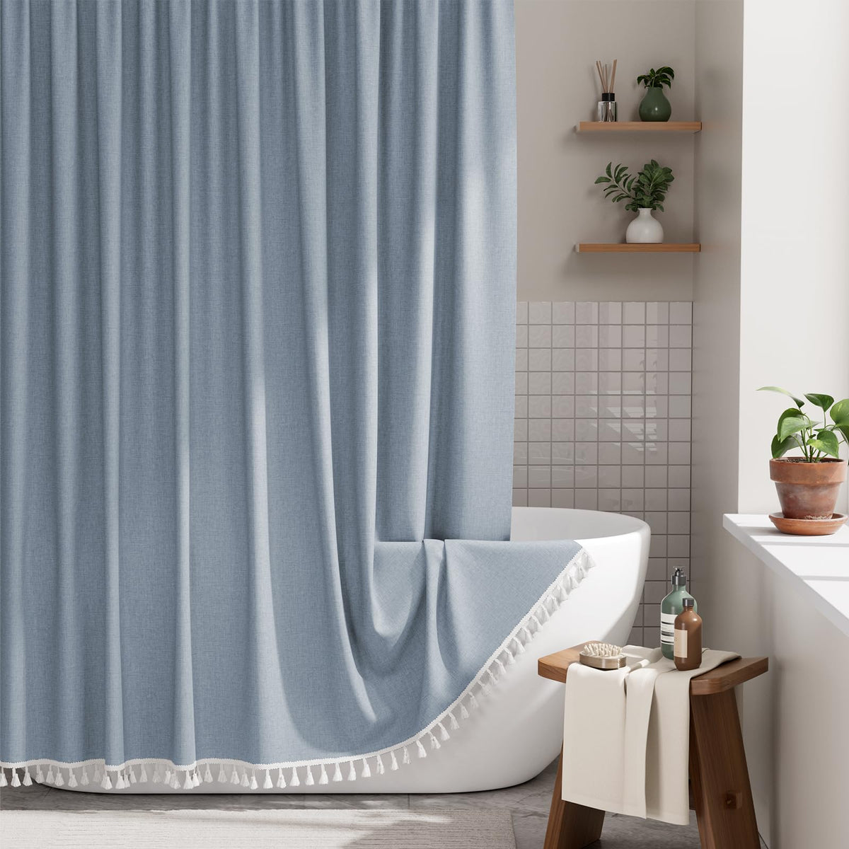 AmazerBath Boho Shower Curtain – Spa Like Bathroom Retreat for Calming Bath Time, Faux Linen Green Striped Curtain 72x72 with Hooks
