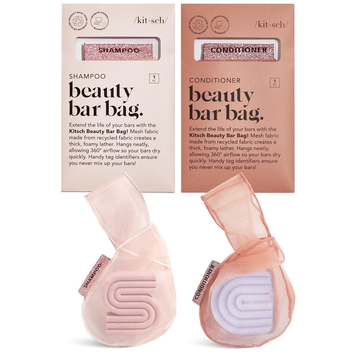 Kitsch Bar Soap Saver Pouch – Streamlined Shower Storage Solution, Two Neutral Mesh Pouches for Bar Toiletries