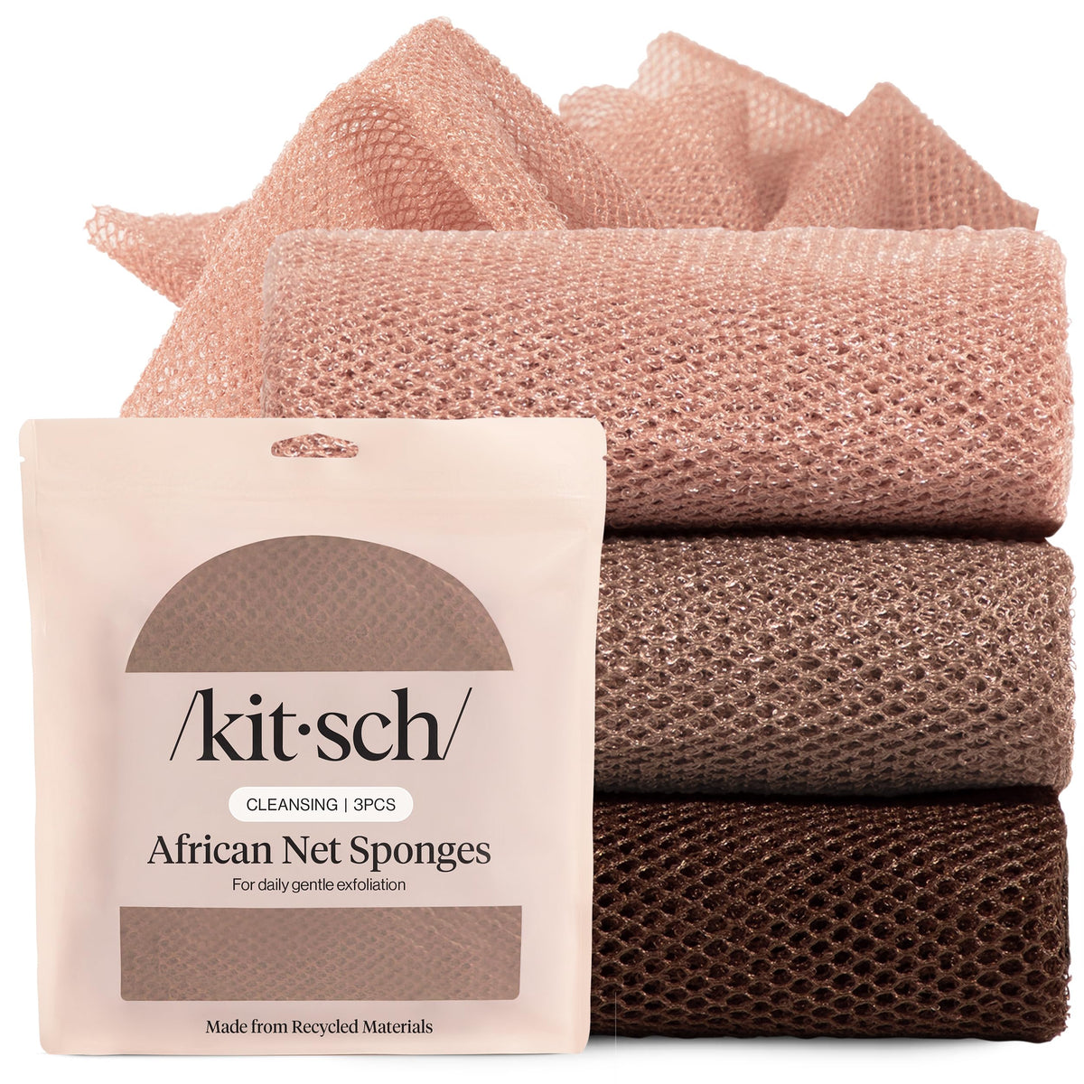 Kitsch African Net Sponge – Clean-Lined Shower Essential for Minimalist Bathrooms, Neutral-Toned Exfoliating Sponge Set