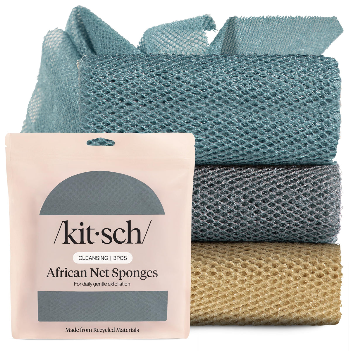Kitsch African Net Sponge – Clean-Lined Shower Essential for Minimalist Bathrooms, Neutral-Toned Exfoliating Sponge Set
