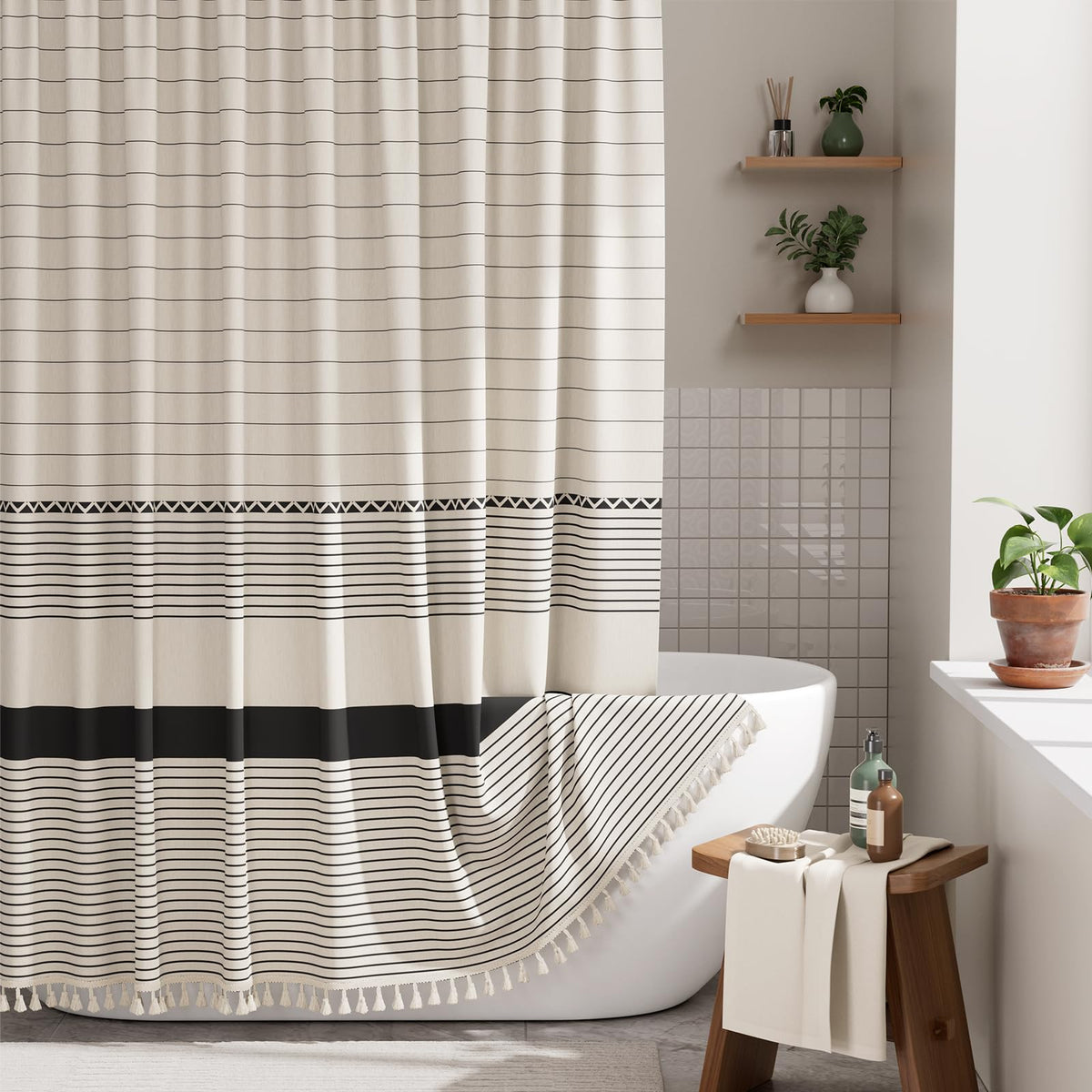 AmazerBath Boho Shower Curtain – Spa Like Bathroom Retreat for Calming Bath Time, Faux Linen Green Striped Curtain 72x72 with Hooks