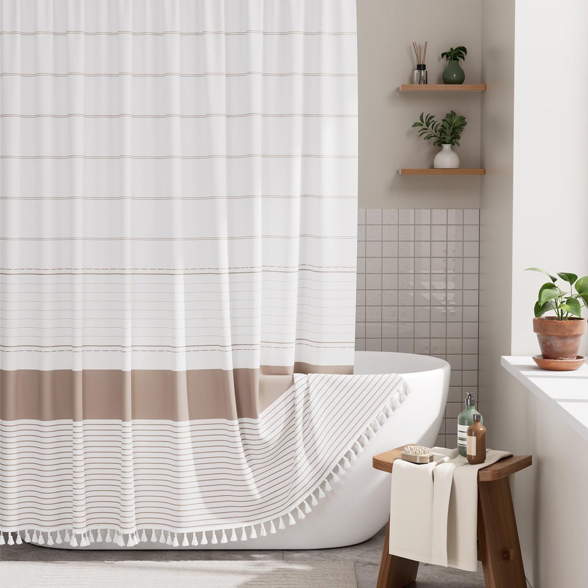 AmazerBath Boho Shower Curtain – Spa Like Bathroom Retreat for Calming Bath Time, Faux Linen Green Striped Curtain 72x72 with Hooks