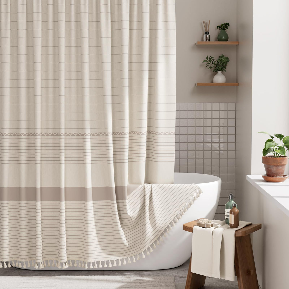 AmazerBath Boho Shower Curtain – Spa Like Bathroom Retreat for Calming Bath Time, Faux Linen Green Striped Curtain 72x72 with Hooks