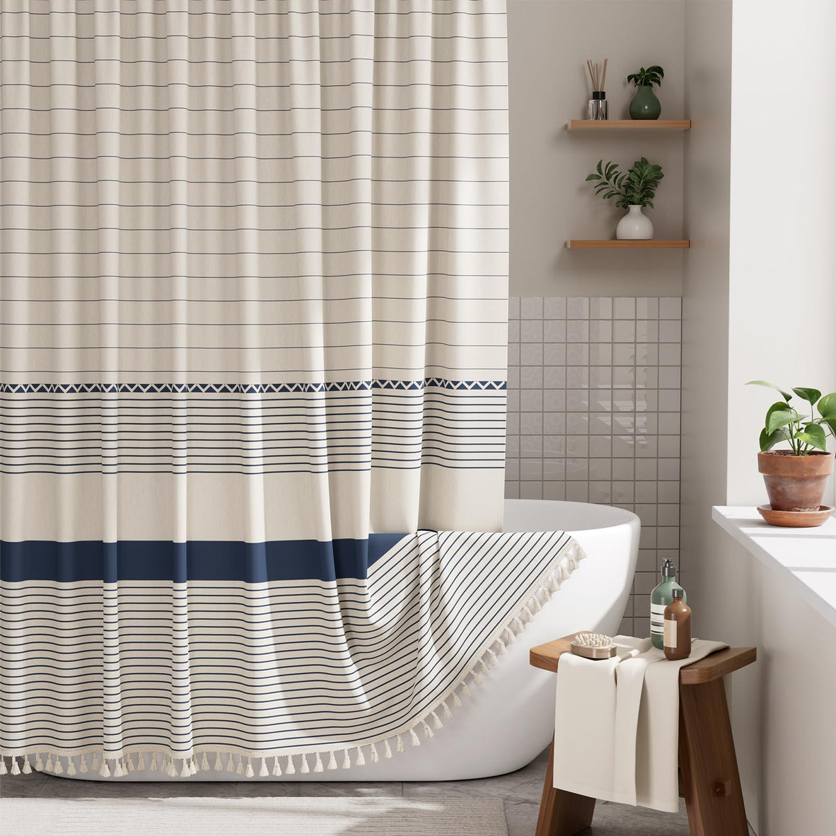 AmazerBath Boho Shower Curtain – Spa Like Bathroom Retreat for Calming Bath Time, Faux Linen Green Striped Curtain 72x72 with Hooks