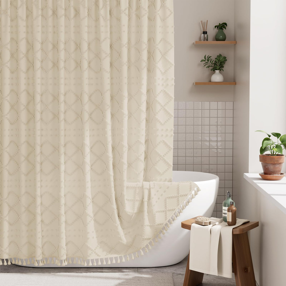 AmazerBath Boho Shower Curtain – Spa Like Bathroom Retreat for Calming Bath Time, Faux Linen Green Striped Curtain 72x72 with Hooks