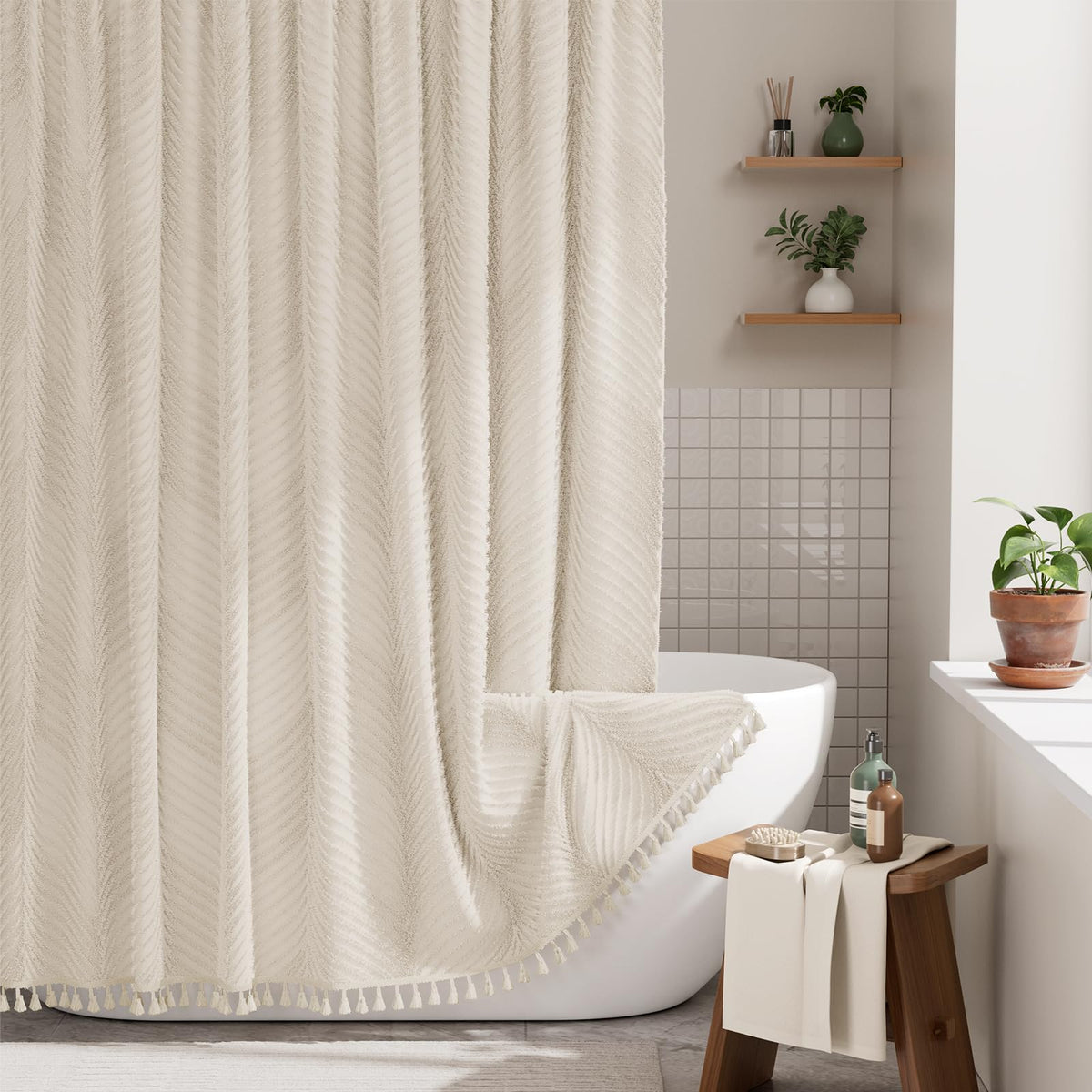 AmazerBath Boho Shower Curtain – Spa Like Bathroom Retreat for Calming Bath Time, Faux Linen Green Striped Curtain 72x72 with Hooks