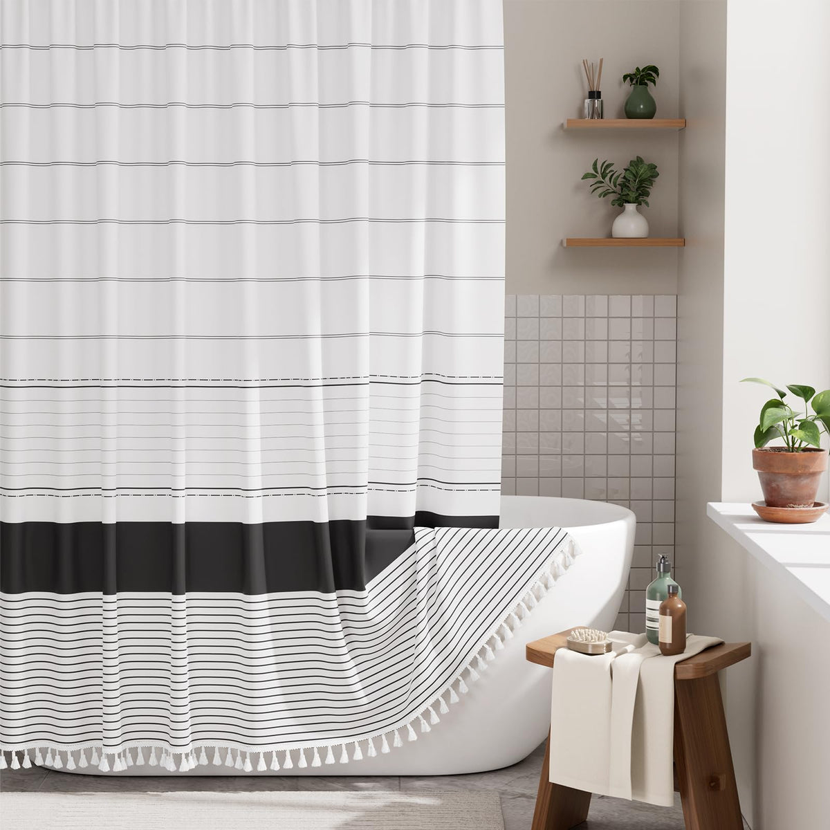 AmazerBath Boho Shower Curtain – Spa Like Bathroom Retreat for Calming Bath Time, Faux Linen Green Striped Curtain 72x72 with Hooks