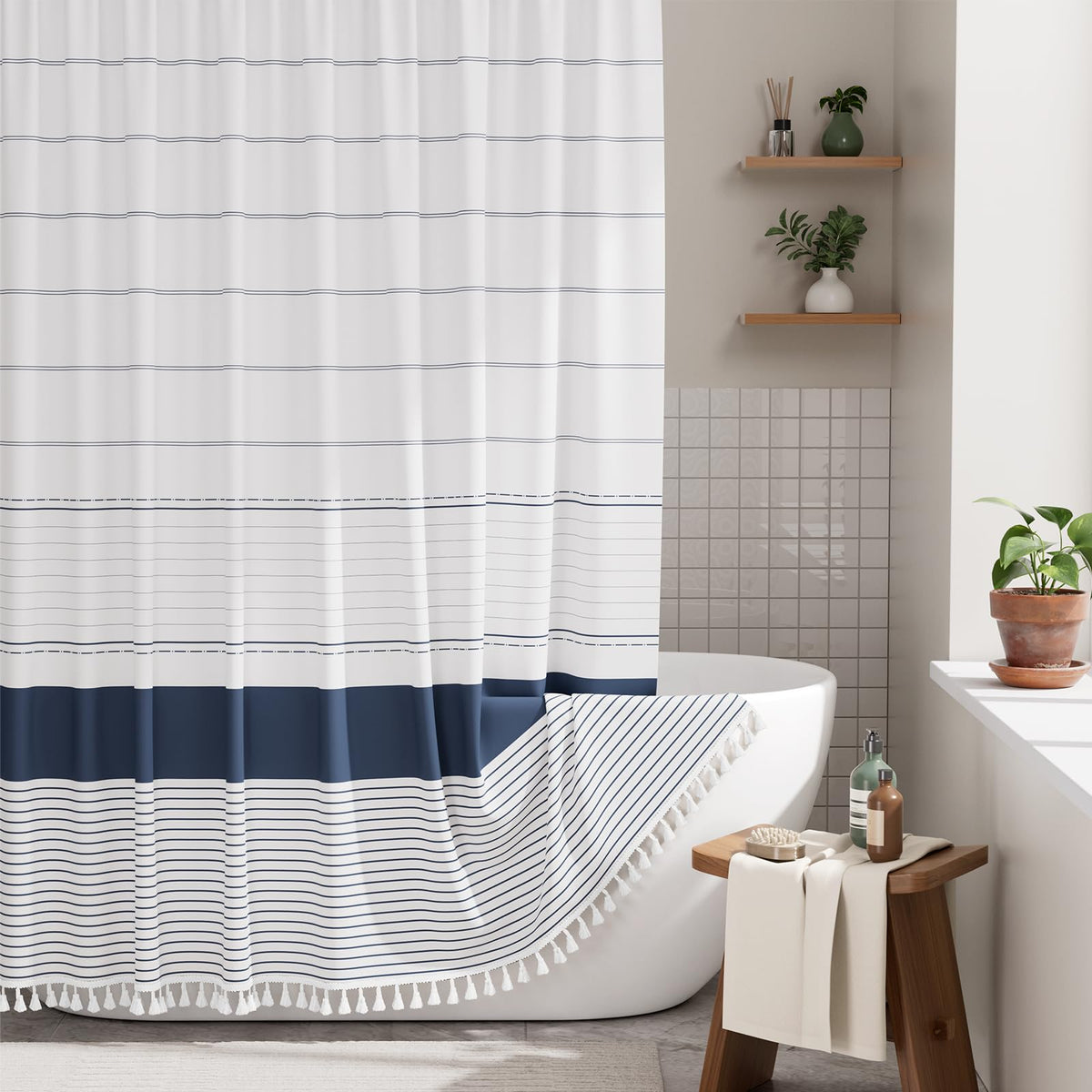 AmazerBath Boho Shower Curtain – Spa Like Bathroom Retreat for Calming Bath Time, Faux Linen Green Striped Curtain 72x72 with Hooks