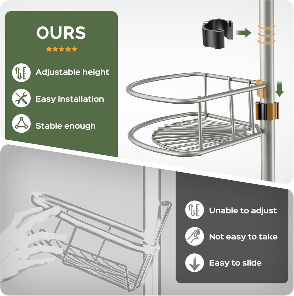HAMITOR Tension Pole Corner Shelf – Stable 4-Tier Bathroom Organizer with Non-Tipping Base Under 20–22 lb Loads
