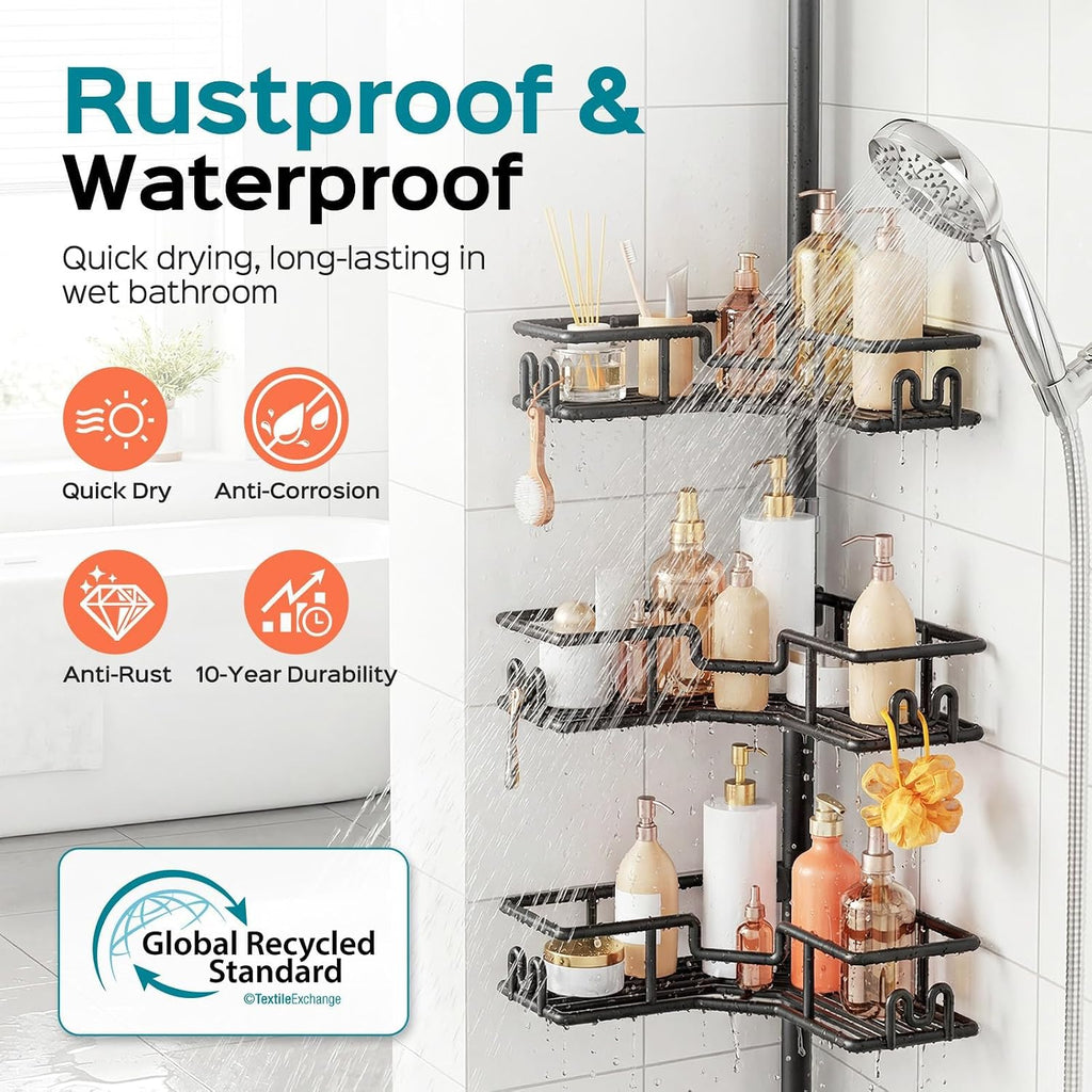 HAMITOR 4-Tier Corner Shower Caddy – Neutral Khaki Finish for Intentional, Calming Bathrooms