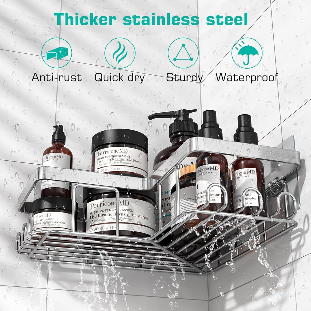 YASONIC Corner Bathroom Organizer – Calming Bath Space Storage with 12 Hooks, Adhesive Stainless Steel Caddy for Mindful Shower Routine