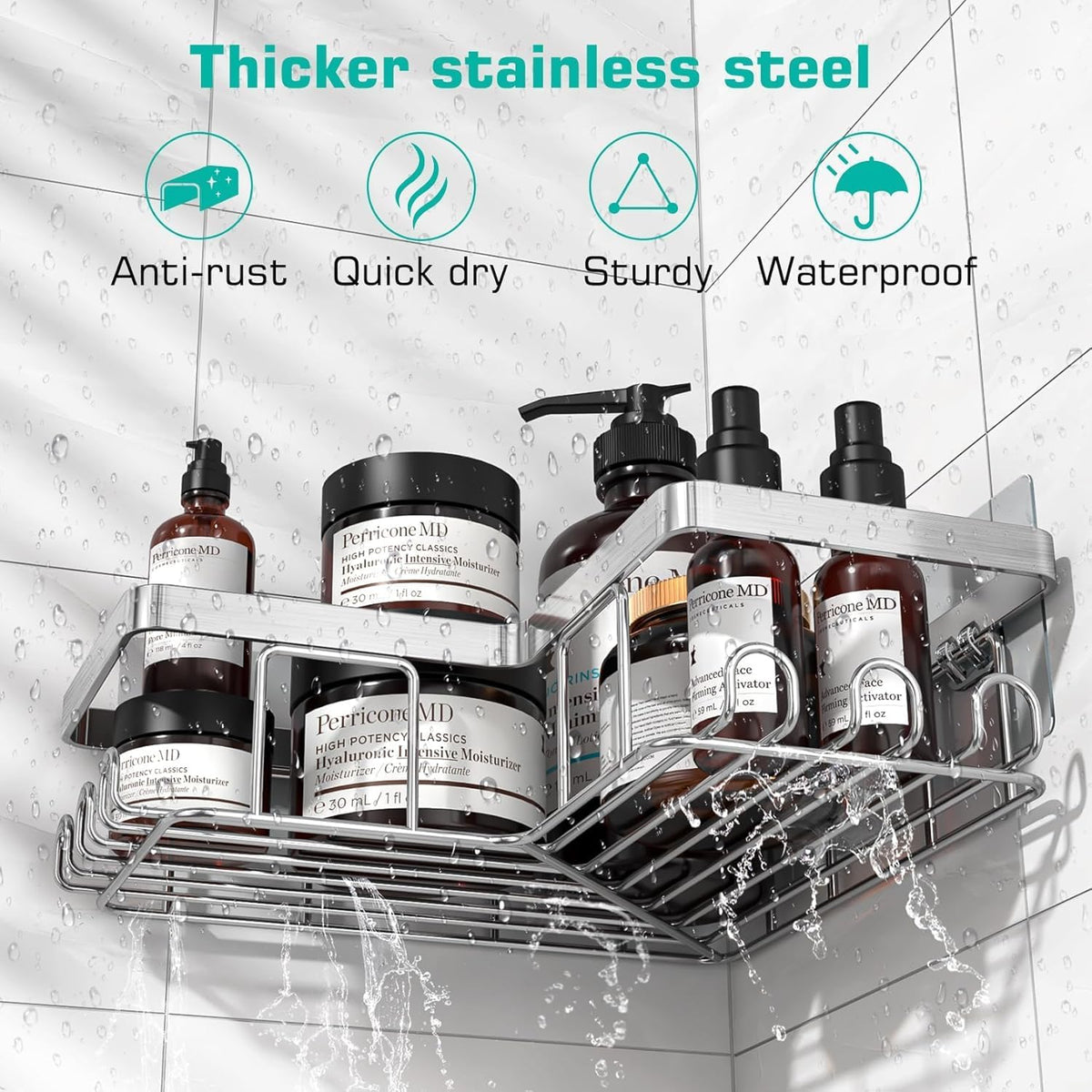 YASONIC Corner Bathroom Organizer – Calming Bath Space Storage with 12 Hooks, Adhesive Stainless Steel Caddy for Mindful Shower Routine