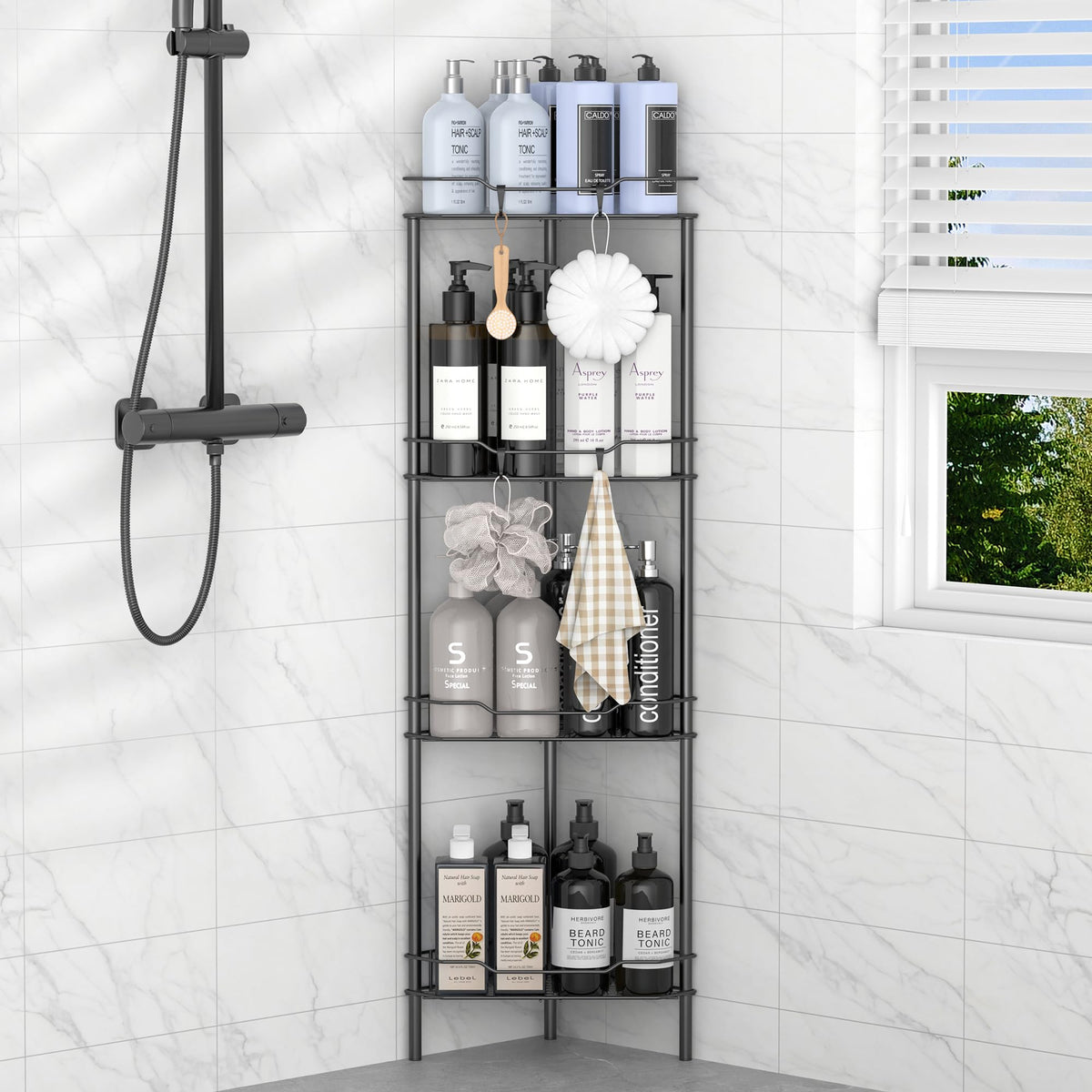 HuggieGems Floor Standing Shower Caddy in Jet Black or Gold – Elevated Bathroom Storage for Spa-Style Self-Care