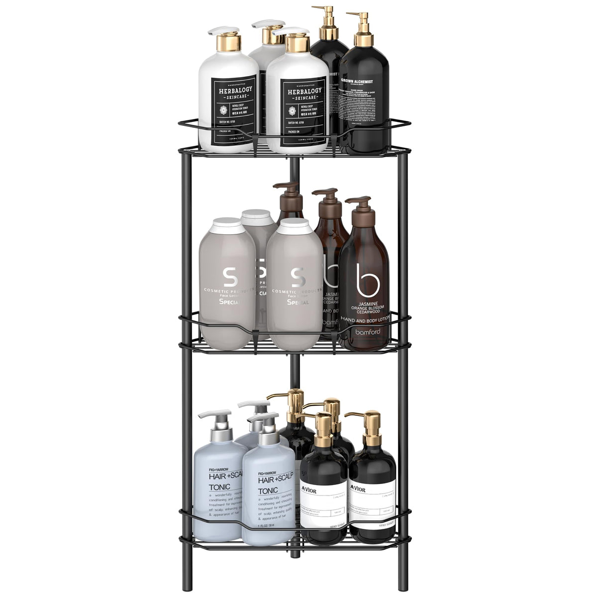 HuggieGems Floor Standing Shower Caddy in Jet Black or Gold – Elevated Bathroom Storage for Spa-Style Self-Care