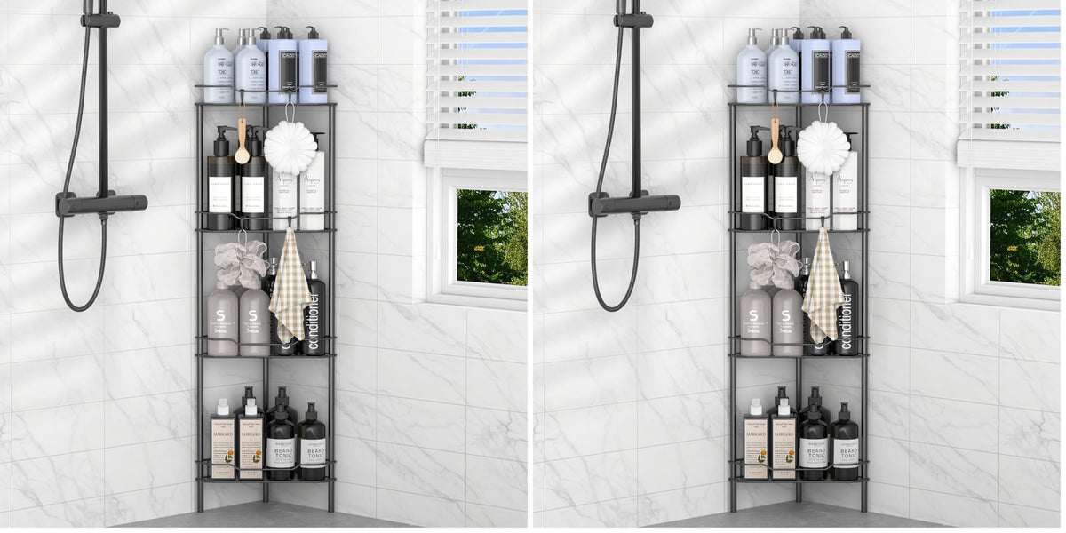 HuggieGems Floor Standing Shower Caddy in Jet Black or Gold – Elevated Bathroom Storage for Spa-Style Self-Care