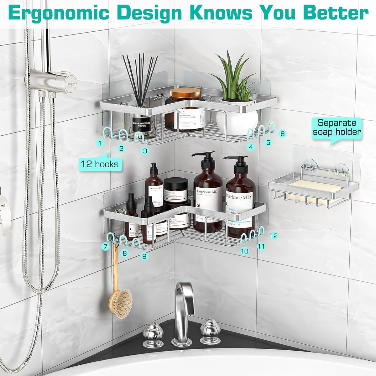 YASONIC Corner Bathroom Organizer – Calming Bath Space Storage with 12 Hooks, Adhesive Stainless Steel Caddy for Mindful Shower Routine