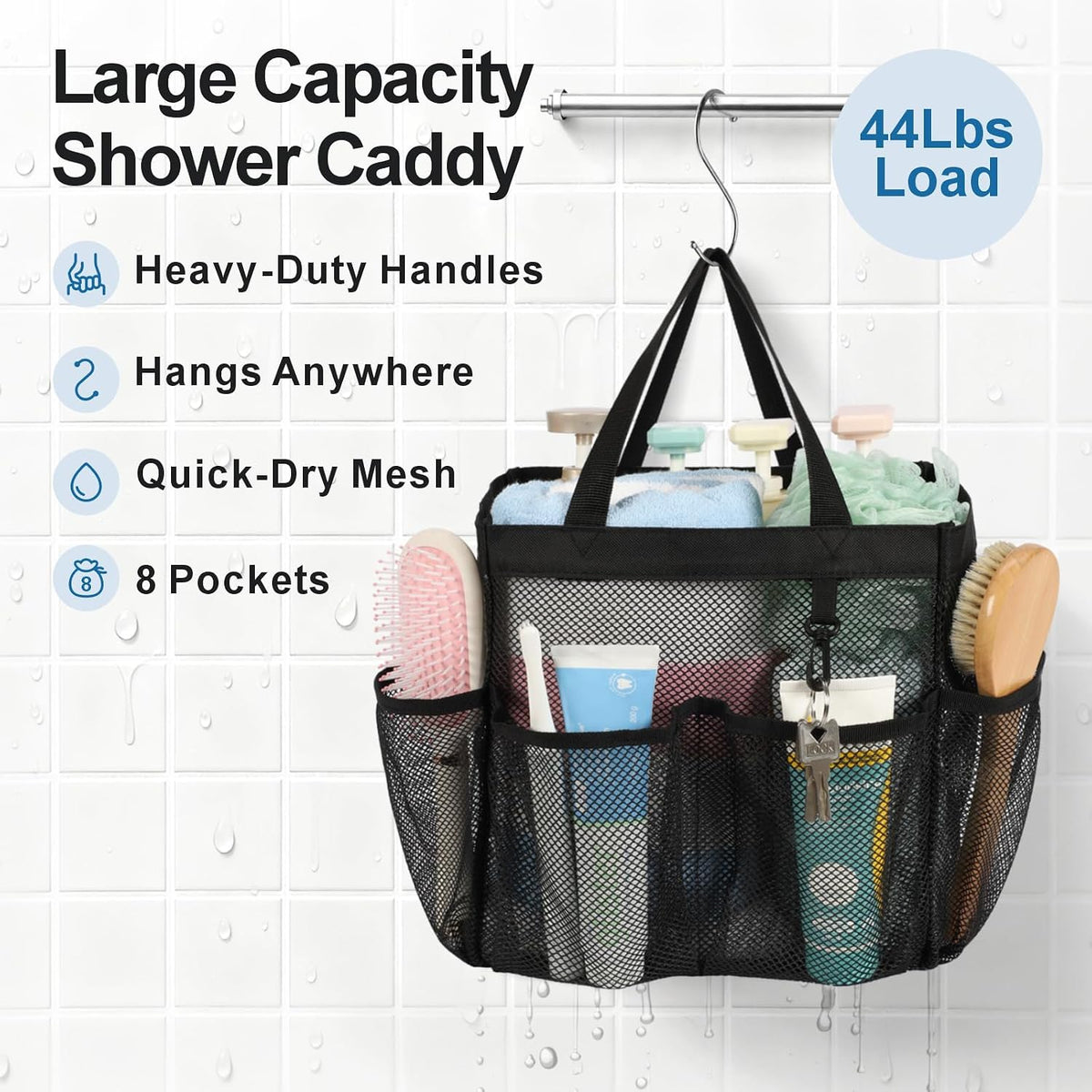Mesh Shower Caddy Portable - Effortless Less-Is-More Bathroom Carry, Collapsible Mesh Tote in Black
