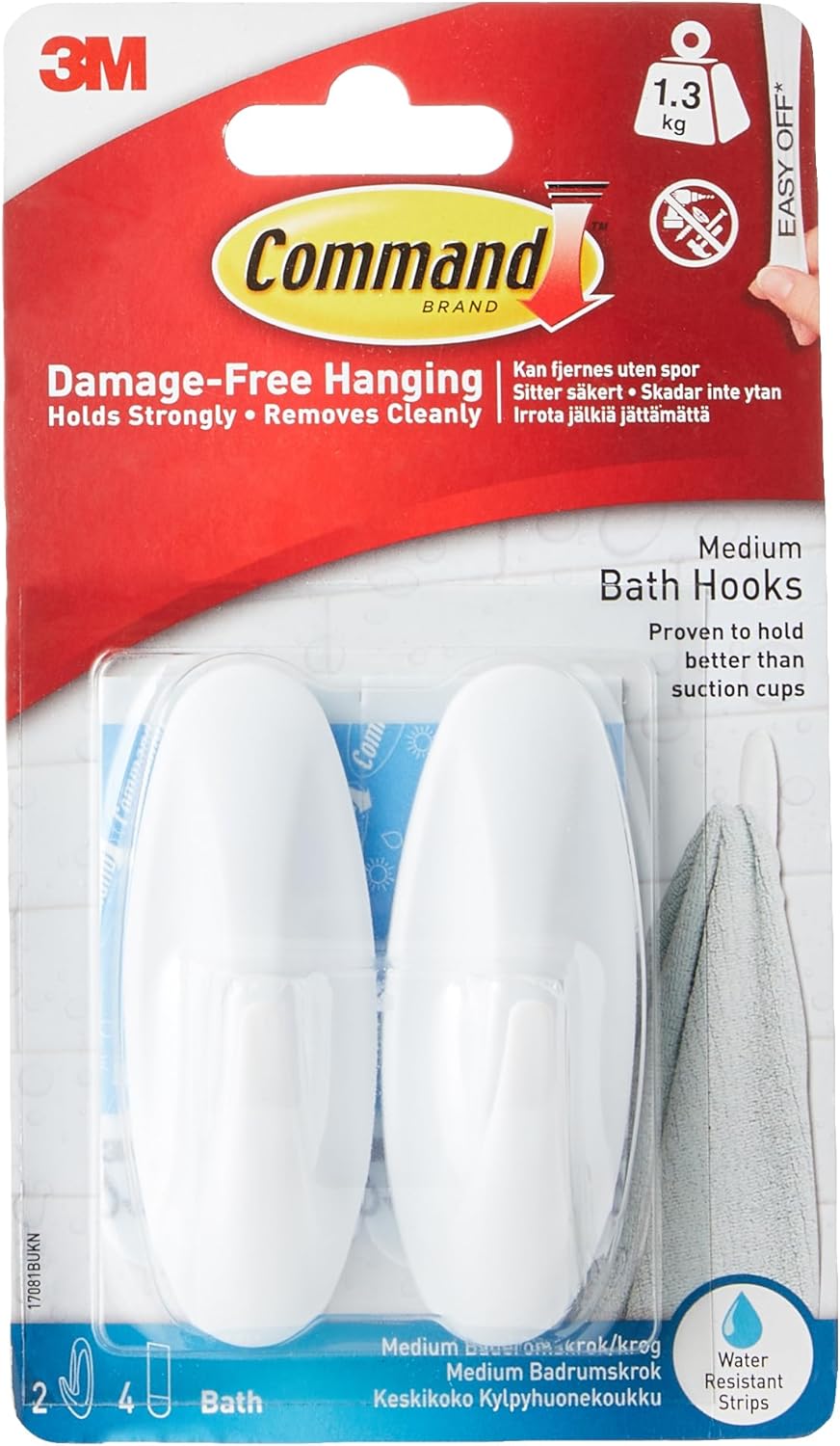 Command Designer Bath Hooks, Medium, White – Modern Bathroom Wall Hooks for Coordinating Towels and Robes with a Designer Finish
