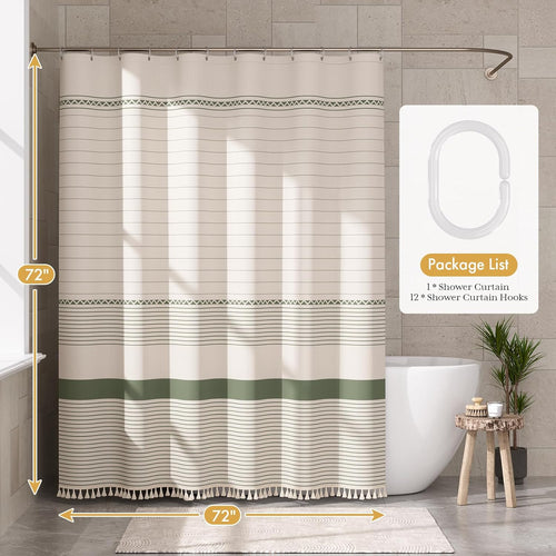 AmazerBath Boho Shower Curtain – Spa Like Bathroom Retreat for Calming Bath Time, Faux Linen Green Striped Curtain 72x72 with Hooks