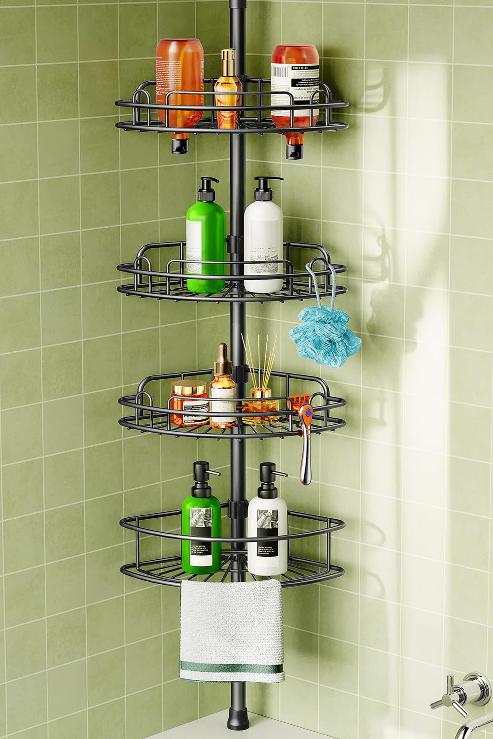HAMITOR Tension Pole Corner Shelf – Stable 4-Tier Bathroom Organizer with Non-Tipping Base Under 20–22 lb Loads