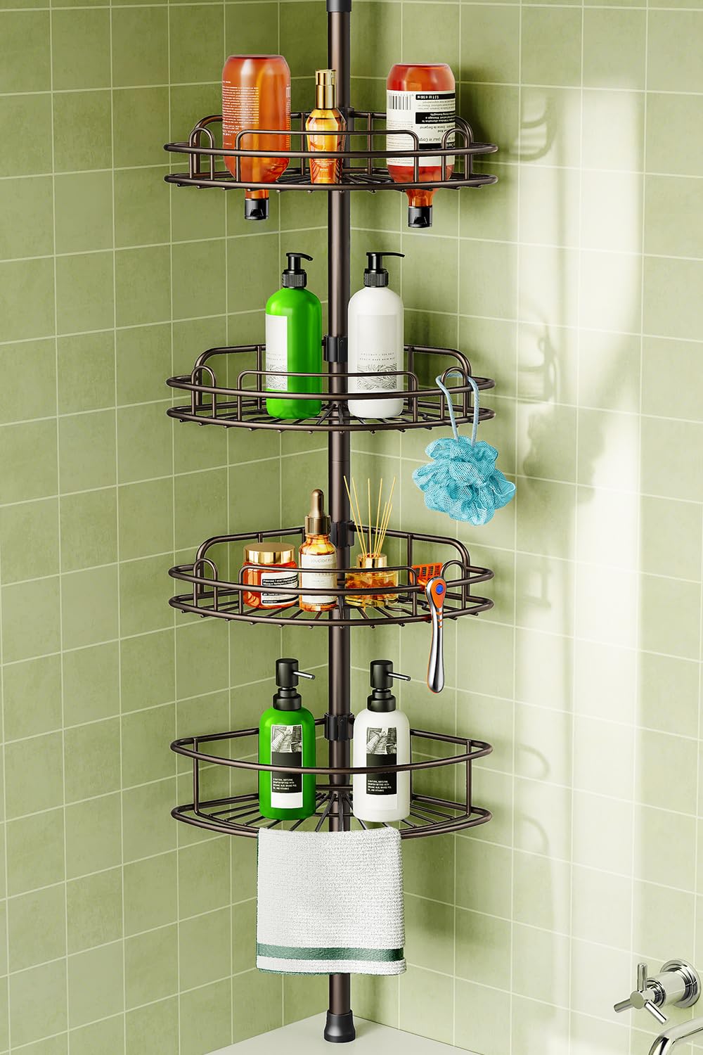 HAMITOR Tension Pole Corner Shelf – Stable 4-Tier Bathroom Organizer with Non-Tipping Base Under 20–22 lb Loads