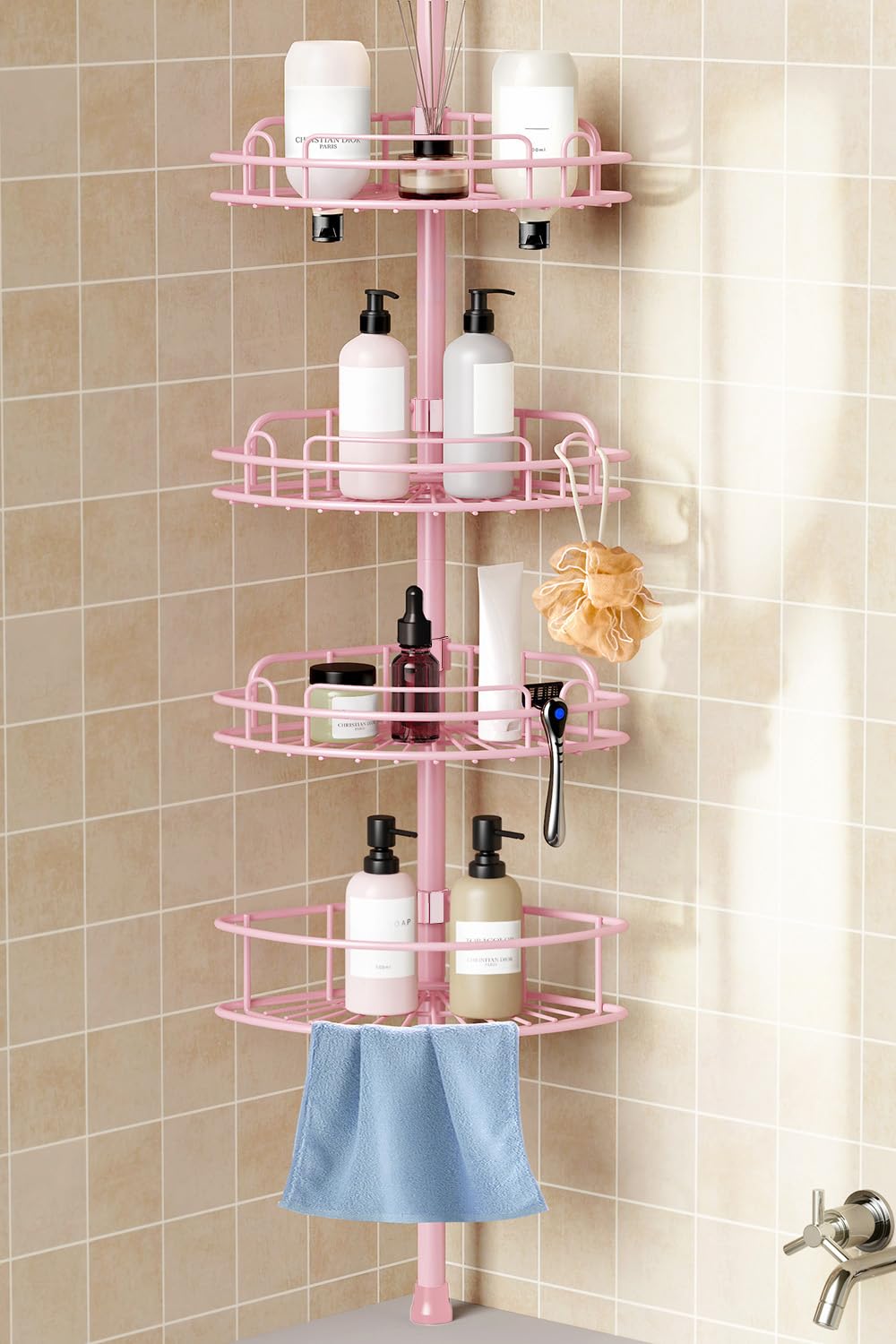 HAMITOR Tension Pole Corner Shelf – Stable 4-Tier Bathroom Organizer with Non-Tipping Base Under 20–22 lb Loads